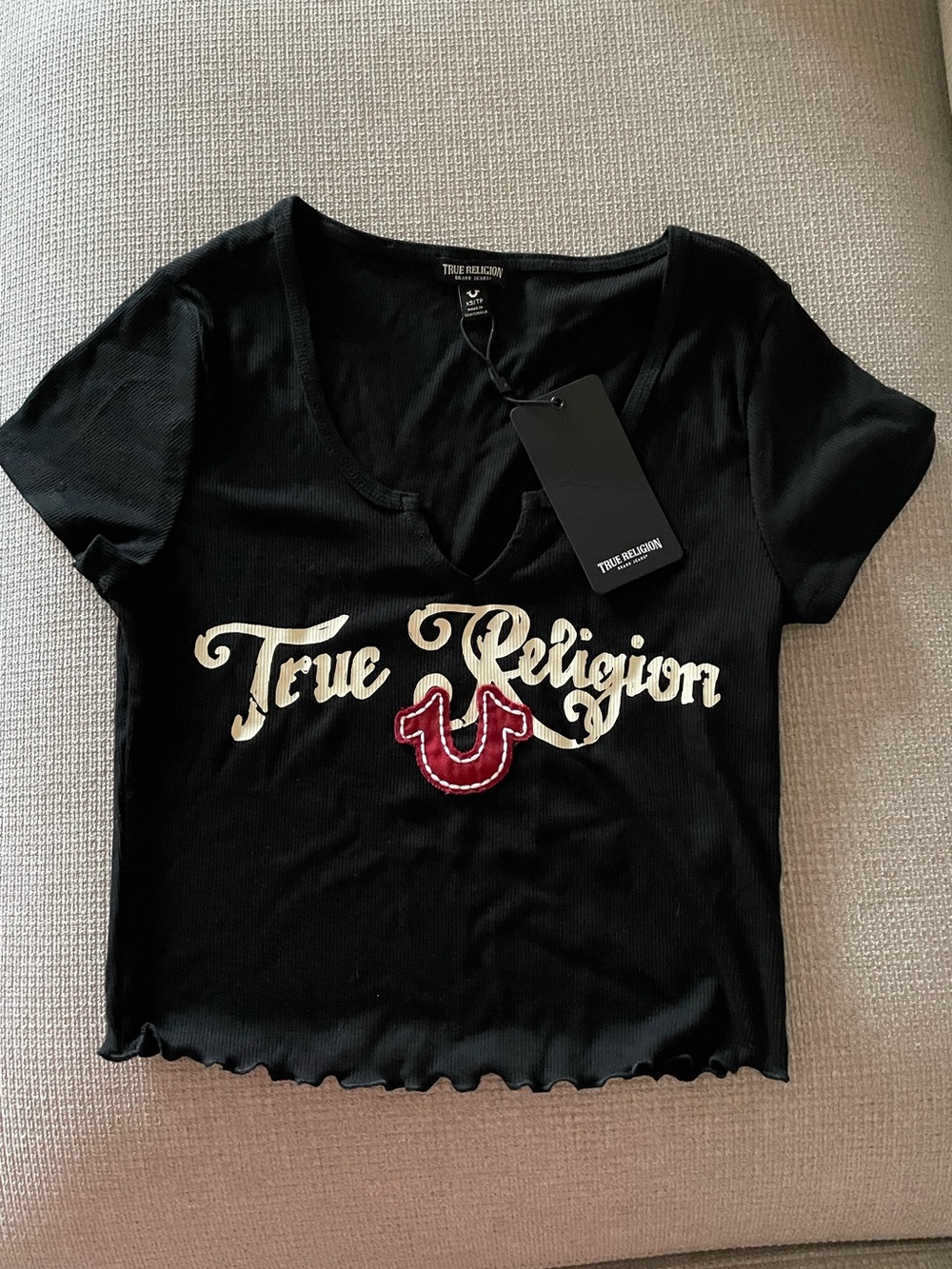 NWT True Religion Black Crop Tee with Cream Logo and Red Horseshoe
